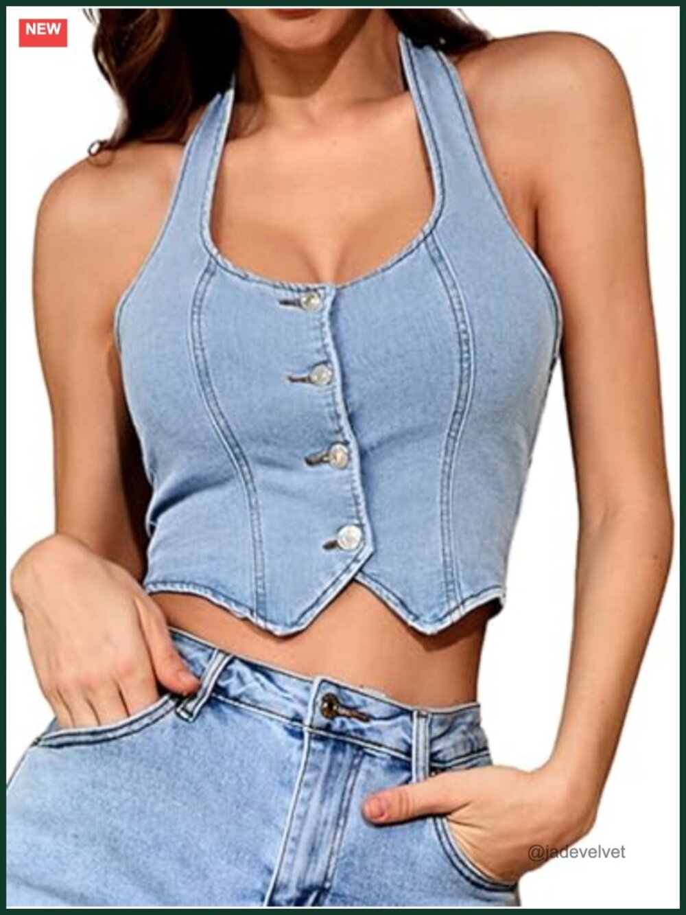Women's Denim Halter Top Vest Square Neck Crop Jean Vest Sleeveless